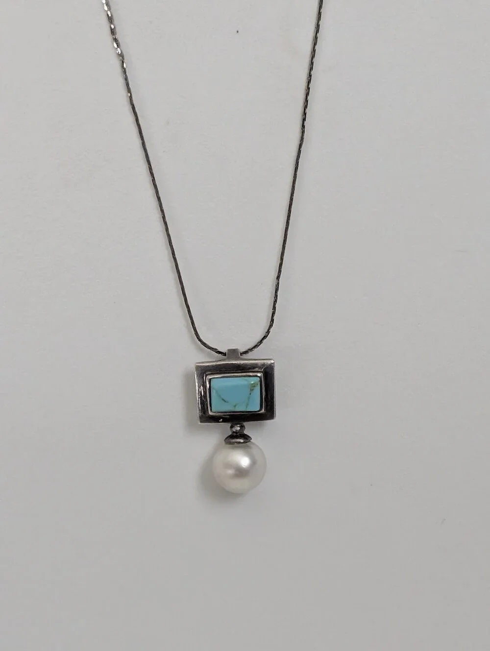 Sterling Turquoise & Pearl Pendant Necklace 925 - Picture 7 of 7
